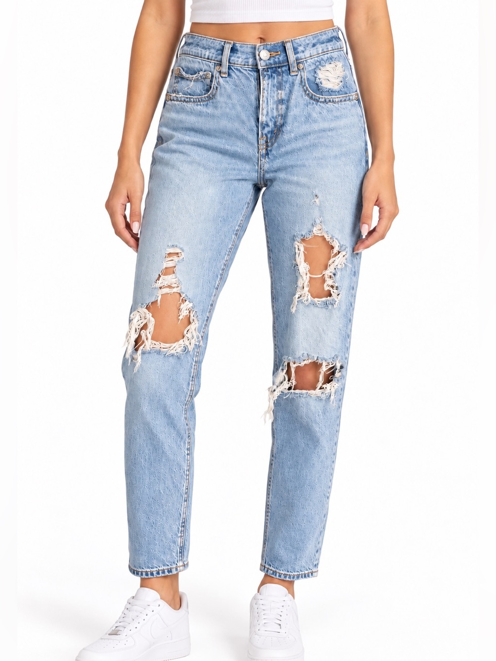 AE AMERICAN EAGLE OUTFITTERS Light Wash Distressed Ripped Mom Jeans Sz 2 Regular